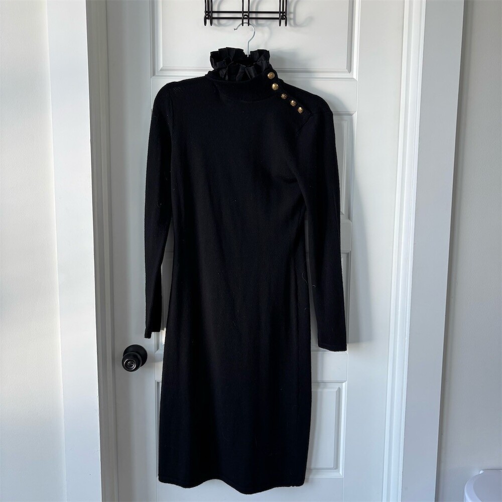 Lauren Ralph cotton and wool Sweater Dress Womens XS Black Mock Neck Midi Ruffle